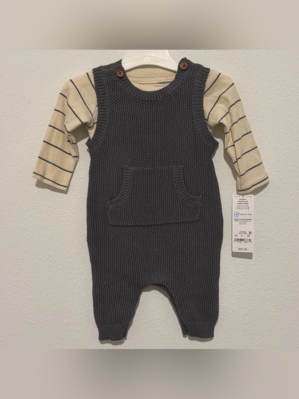 Carters 2 piece Knit Overall Romper w/ Striped Long Sleeve Tee - Charcoal Cream